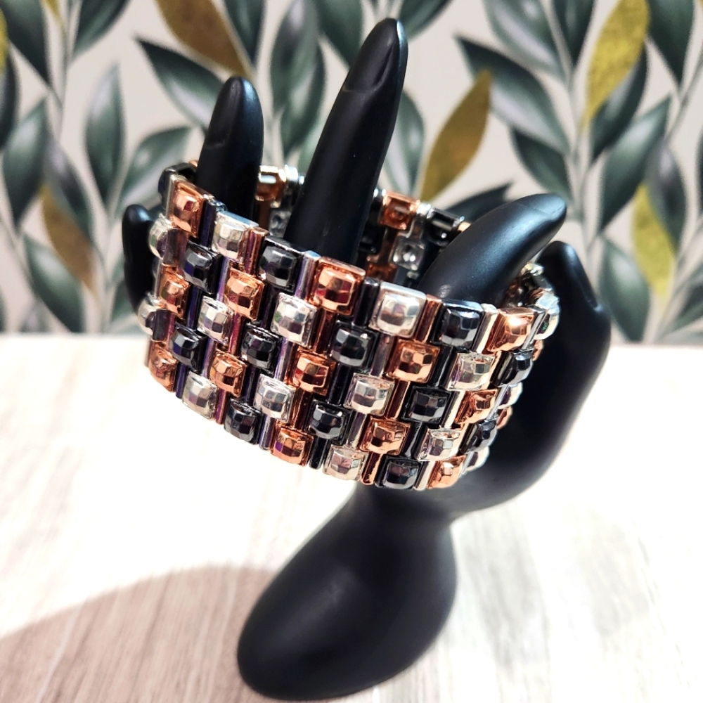 Unbranded Tri-Tone Metal Stretch Bracelet Silver, Rose Gold & Black Geometric